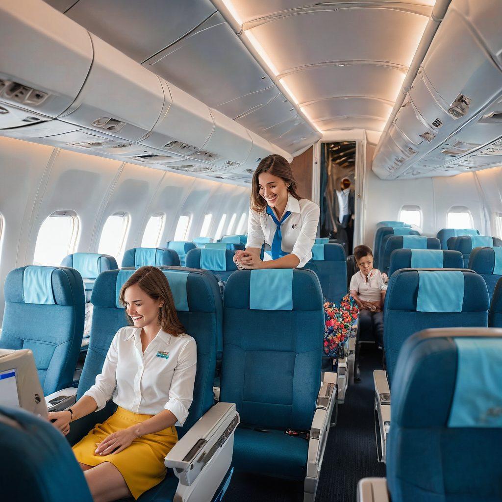 A cheerful airplane interior packed with smiling passengers, enjoying flight entertainment, and sipping colorful drinks. The cabin is filled with bright, uplifting colors and welcoming flight attendants, with sunlight streaming through large windows showcasing a dazzling blue sky. Glimpse of cloud formations outside adds to the flight experience. super-realistic. vibrant colors. 3D.