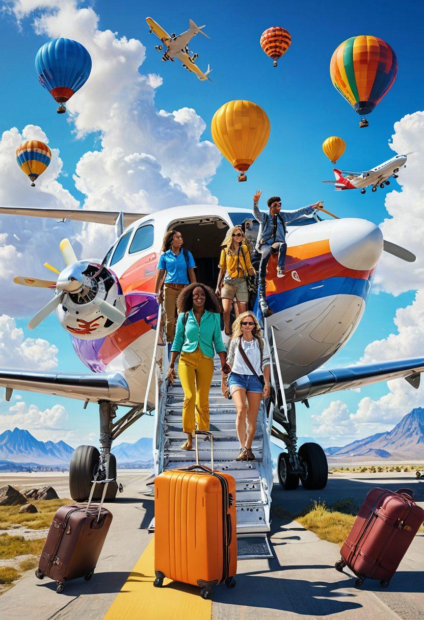 An inspiring scene depicting a diverse group of travelers joyfully boarding a colorful airplane, surrounded by stunning landscapes and iconic landmarks. Bright sunshine illuminates their happy faces, while hints of adventure such as luggage, maps, and travel gadgets are artistically scattered around. The aircraft is adorned with vibrant colors, evoking excitement and exploration. super-realistic. vibrant colors. white background.