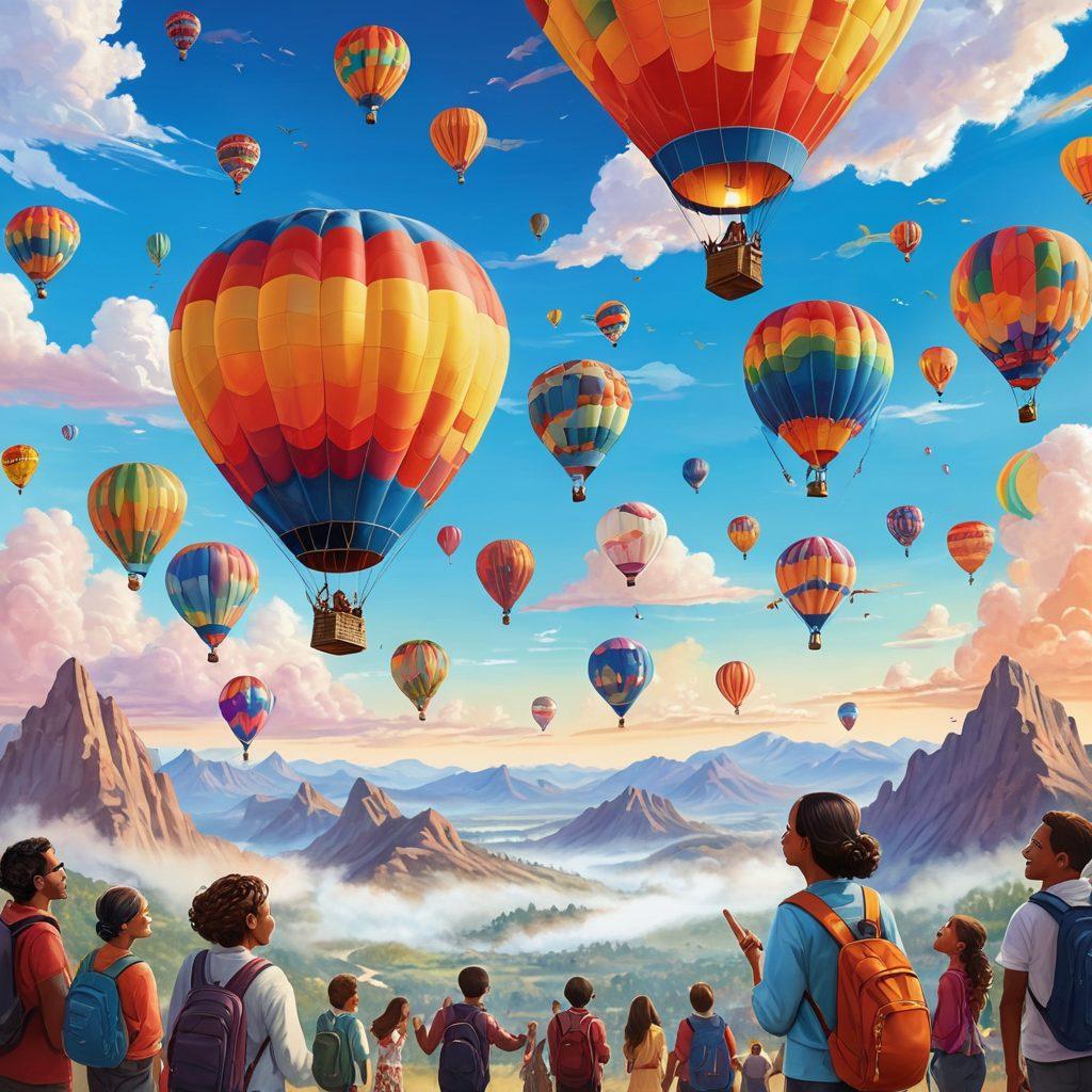 A whimsical illustration of a bright blue sky filled with colorful hot air balloons, each representing different cultures around the world. In the foreground, a joyful diverse group of travelers is looking up, pointing at the balloons with excitement. Soft fluffy clouds and a distant silhouette of a picturesque mountain range add depth to the scene. The overall mood is uplifting and inspiring, inviting viewers to dream about their next adventure. vibrant colors. cartoon style.